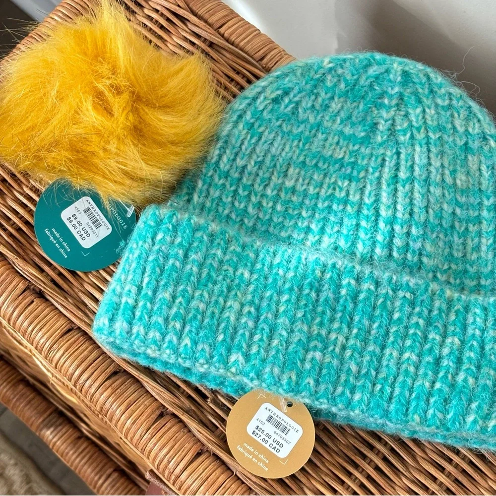 Anthropologie Youth Knit Hat with Faux Fur Pom Pom NEW